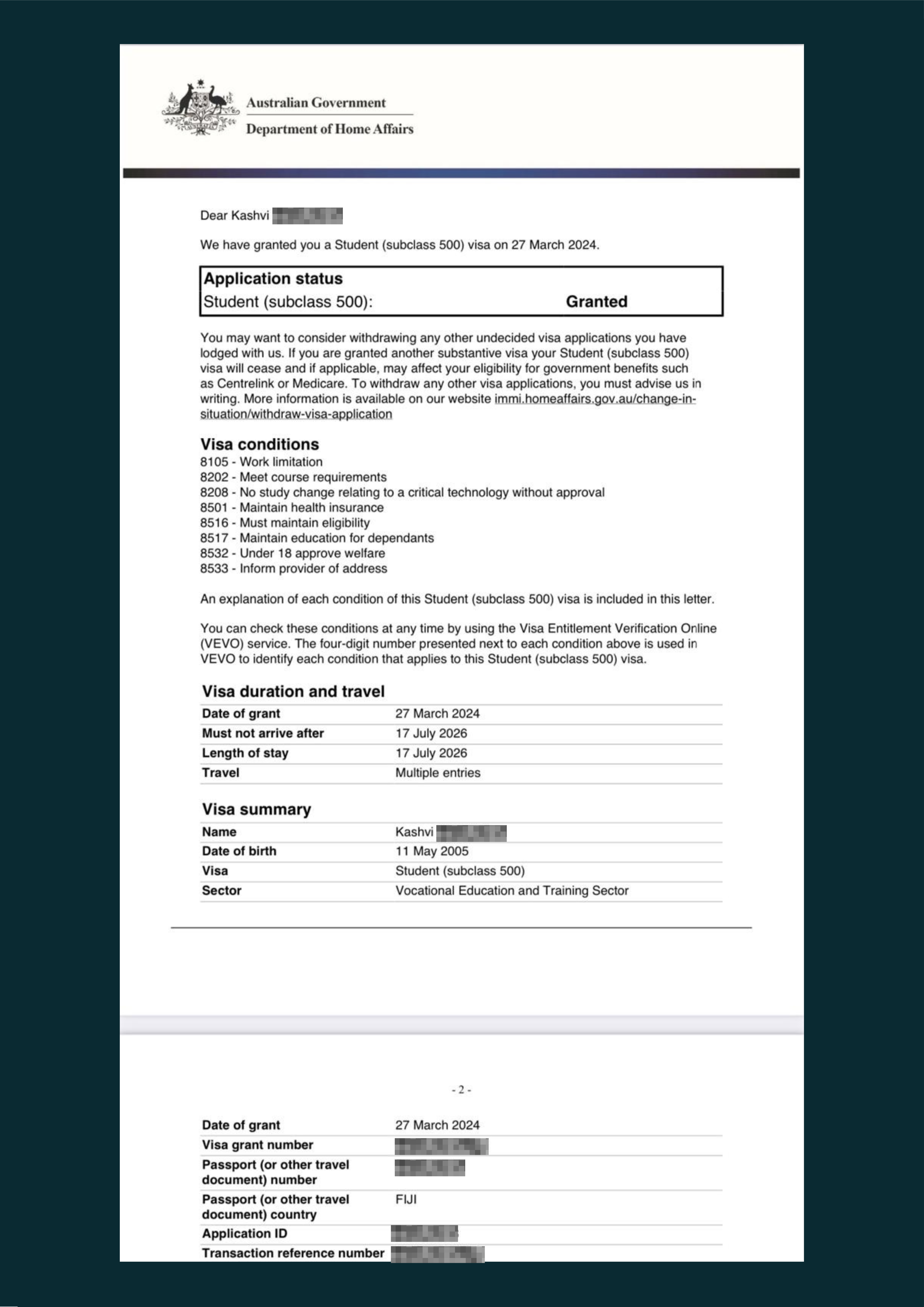 Kashvi's Visa Grant