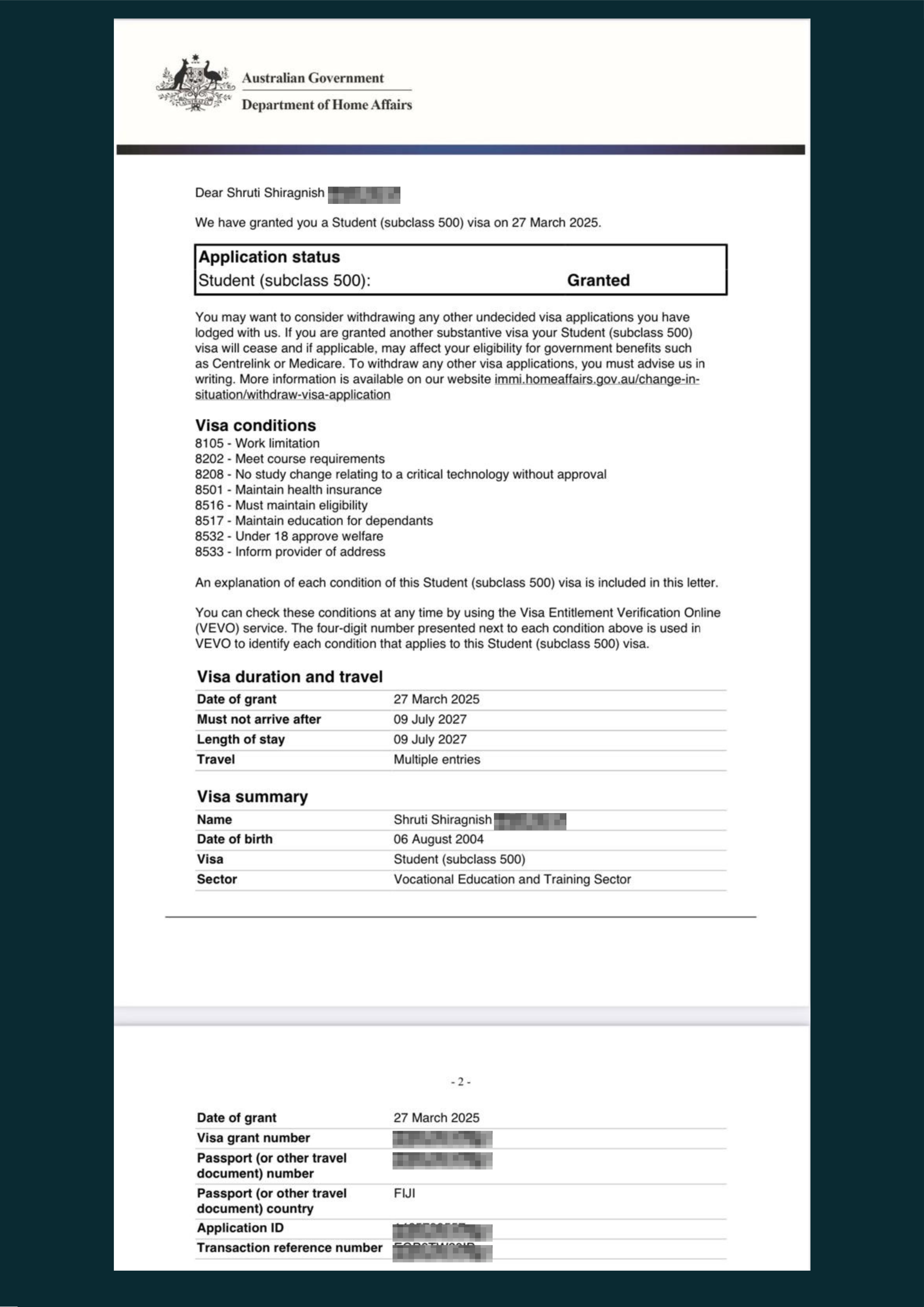Shruti's Visa Grant