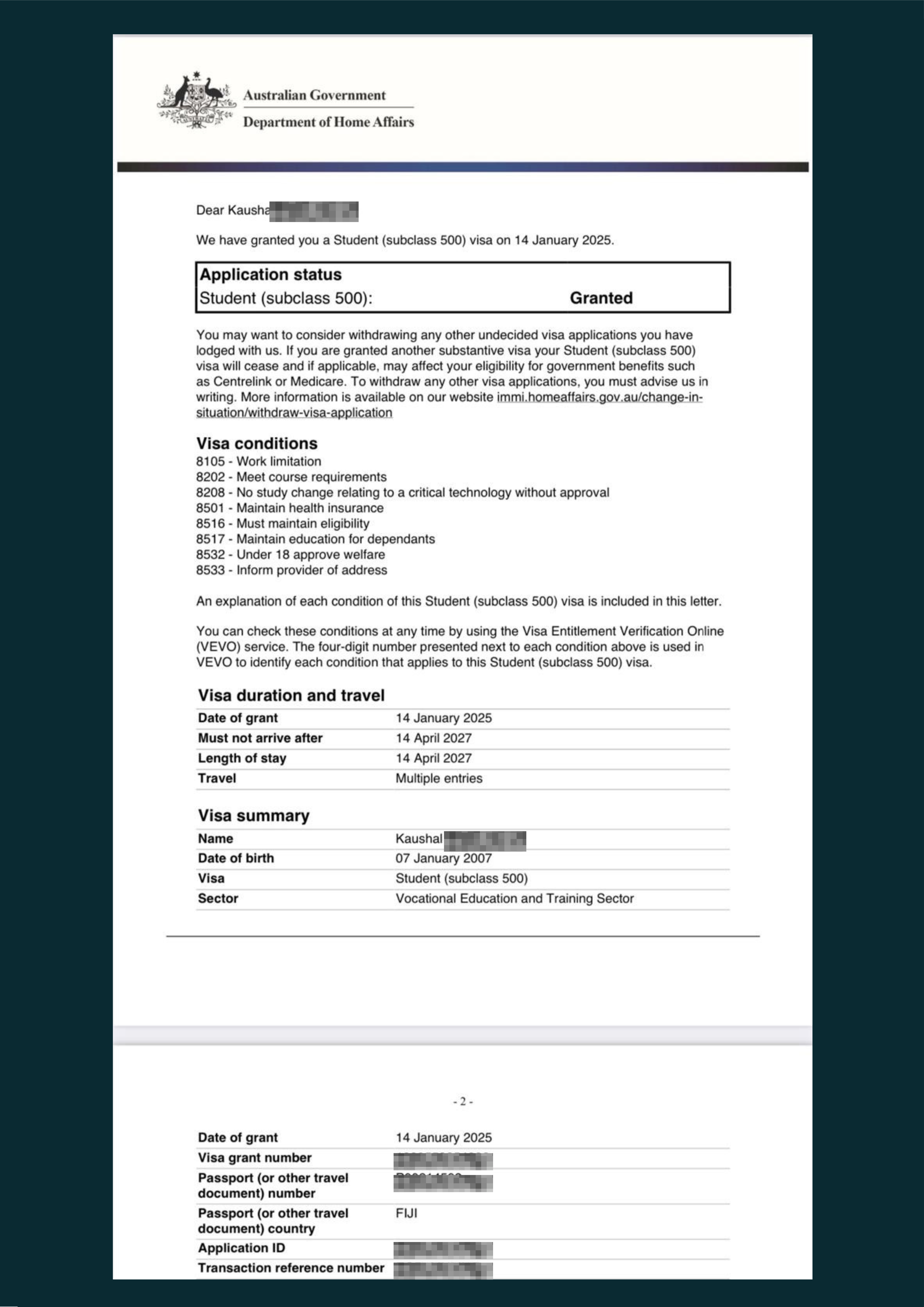 Kaushal's Visa Grant