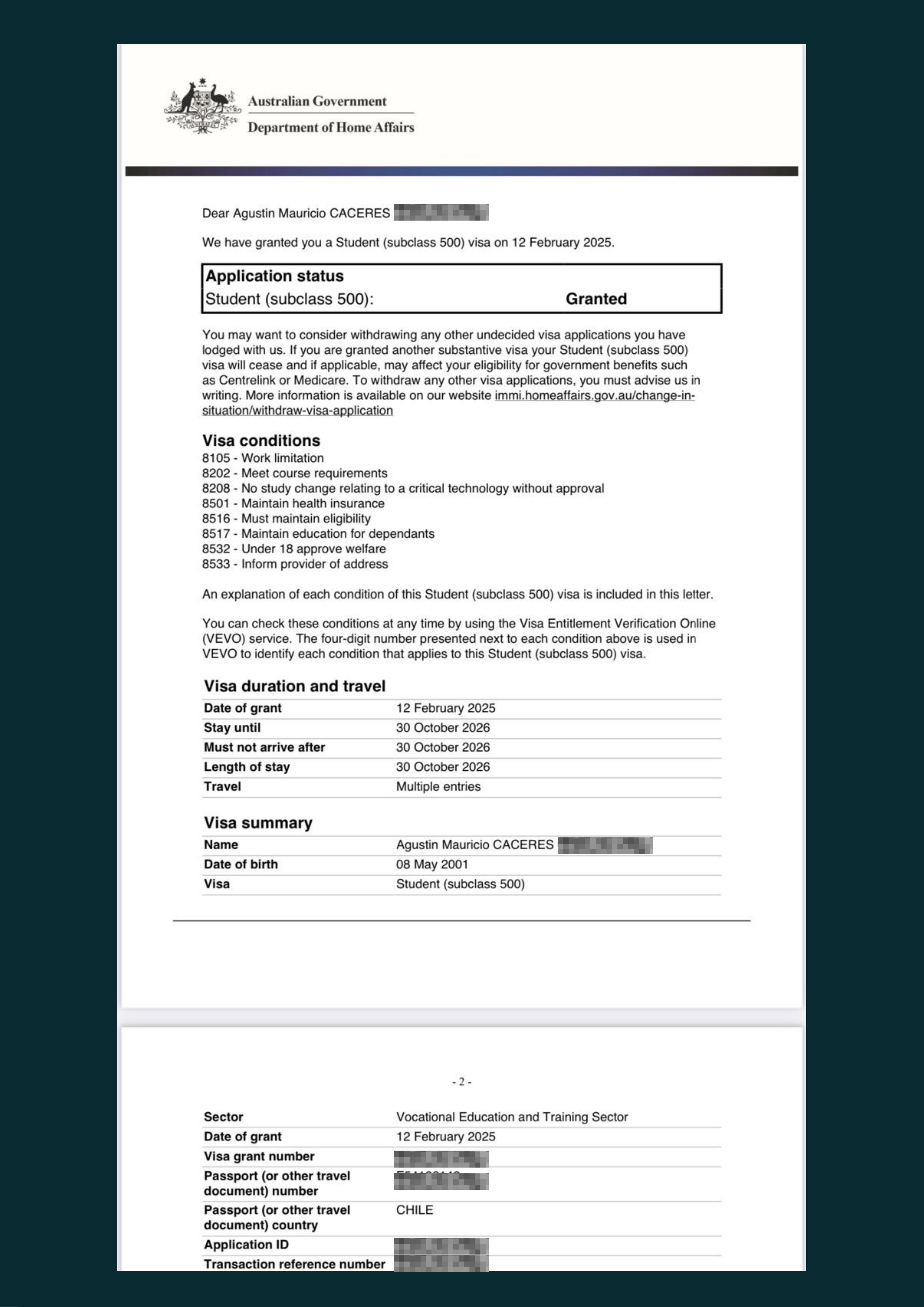 Agustin's Visa Grant