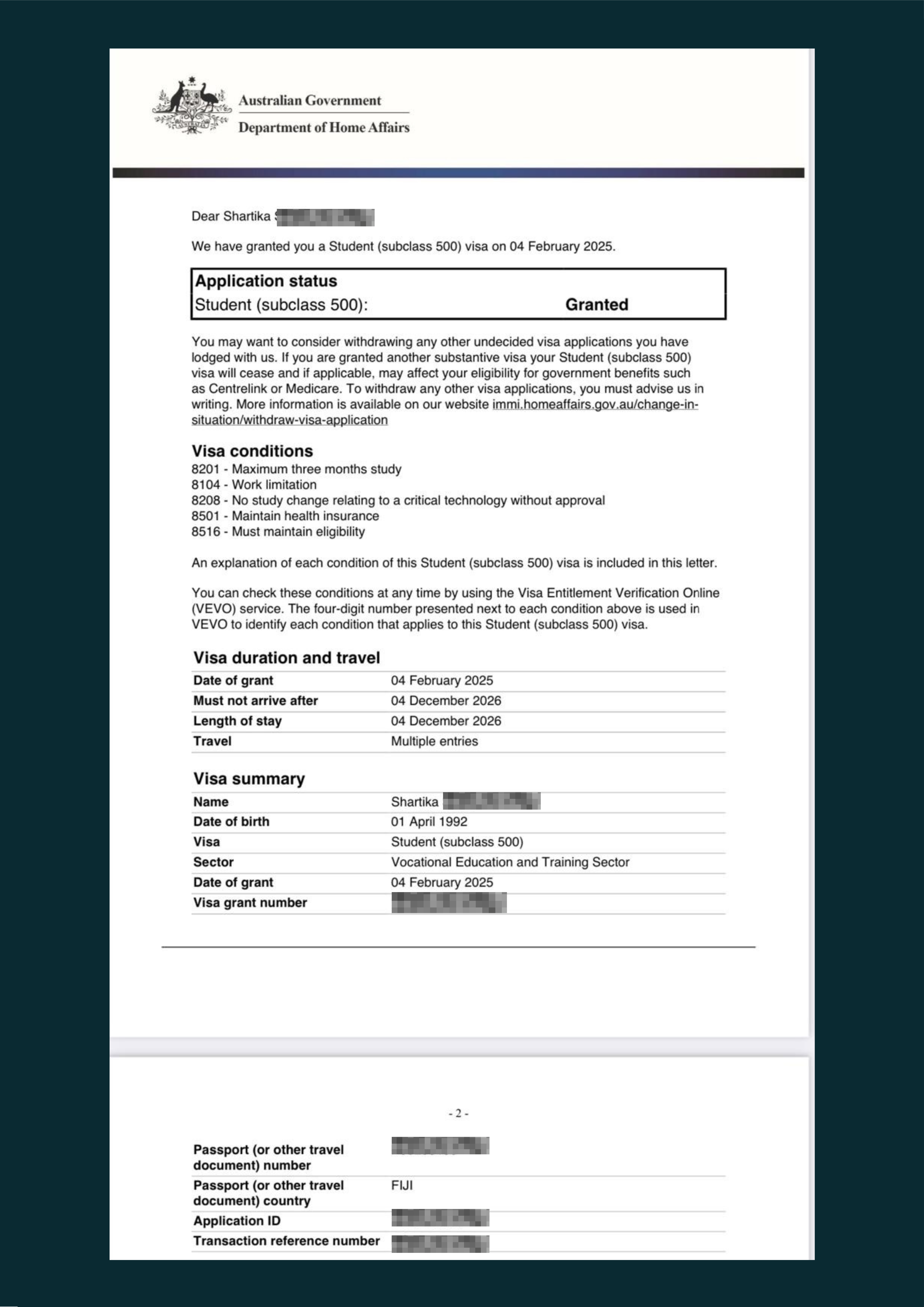 Shartika's Visa Grant