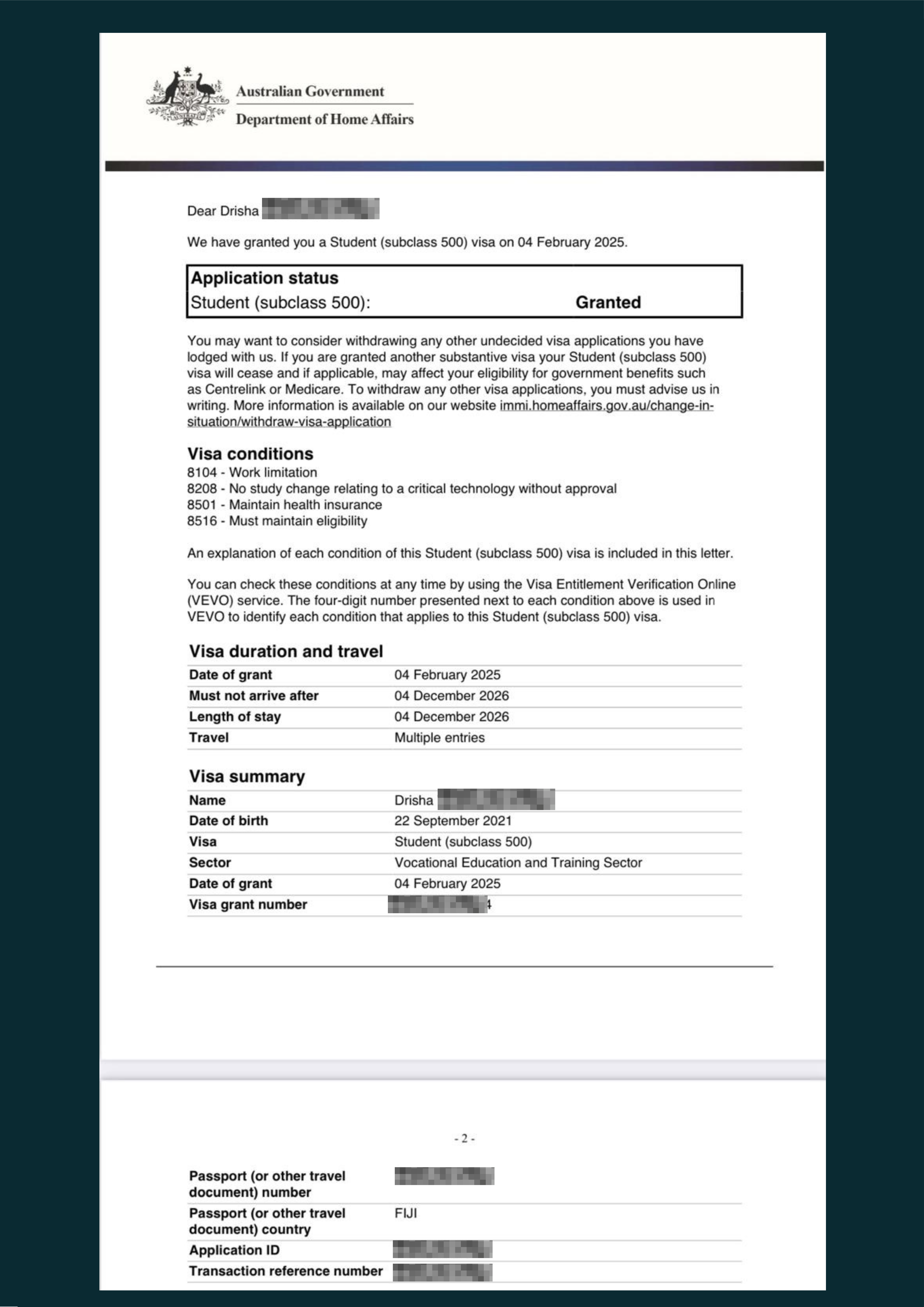 Drisha's Visa Grant