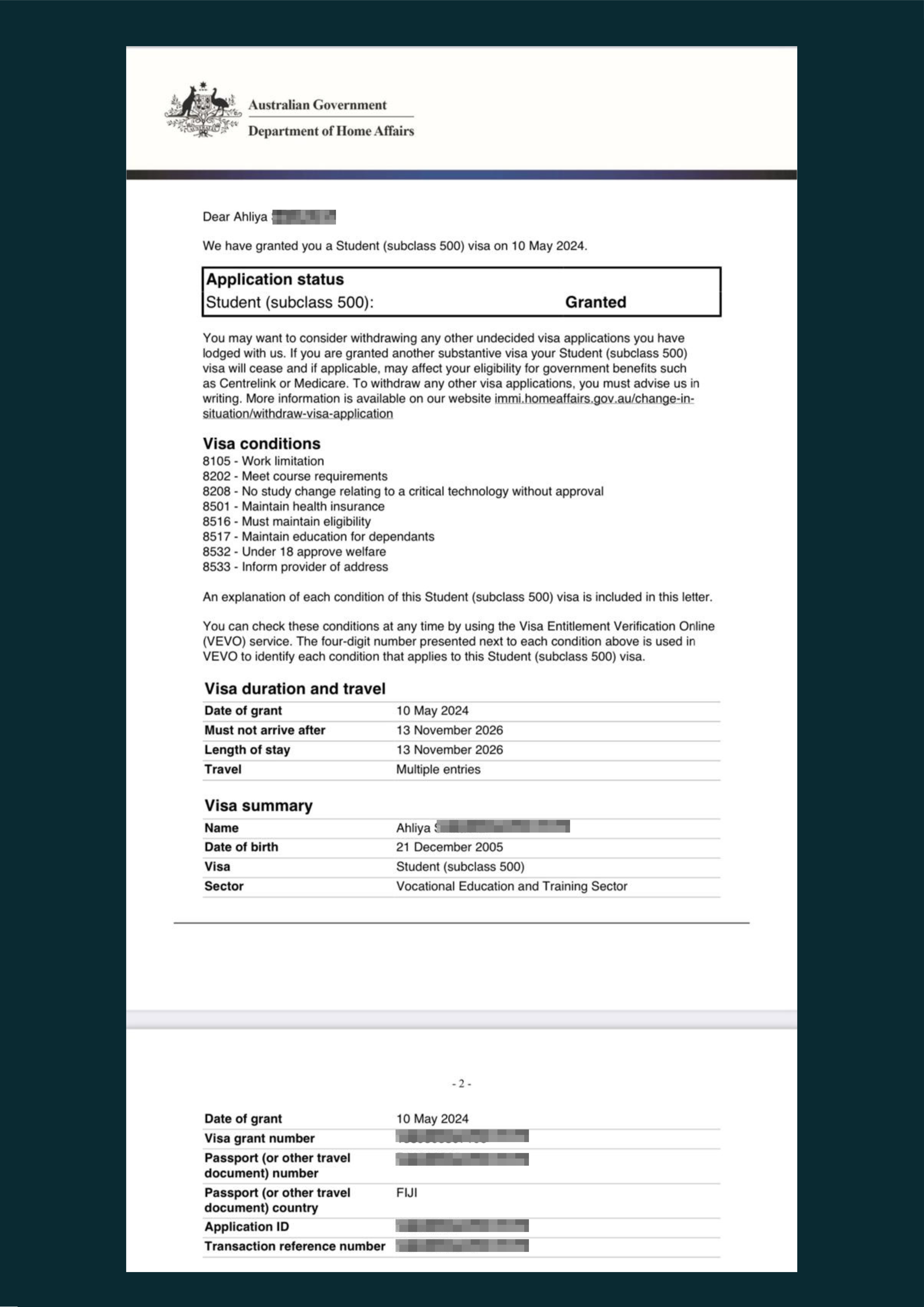 Ahliya's Visa Grant