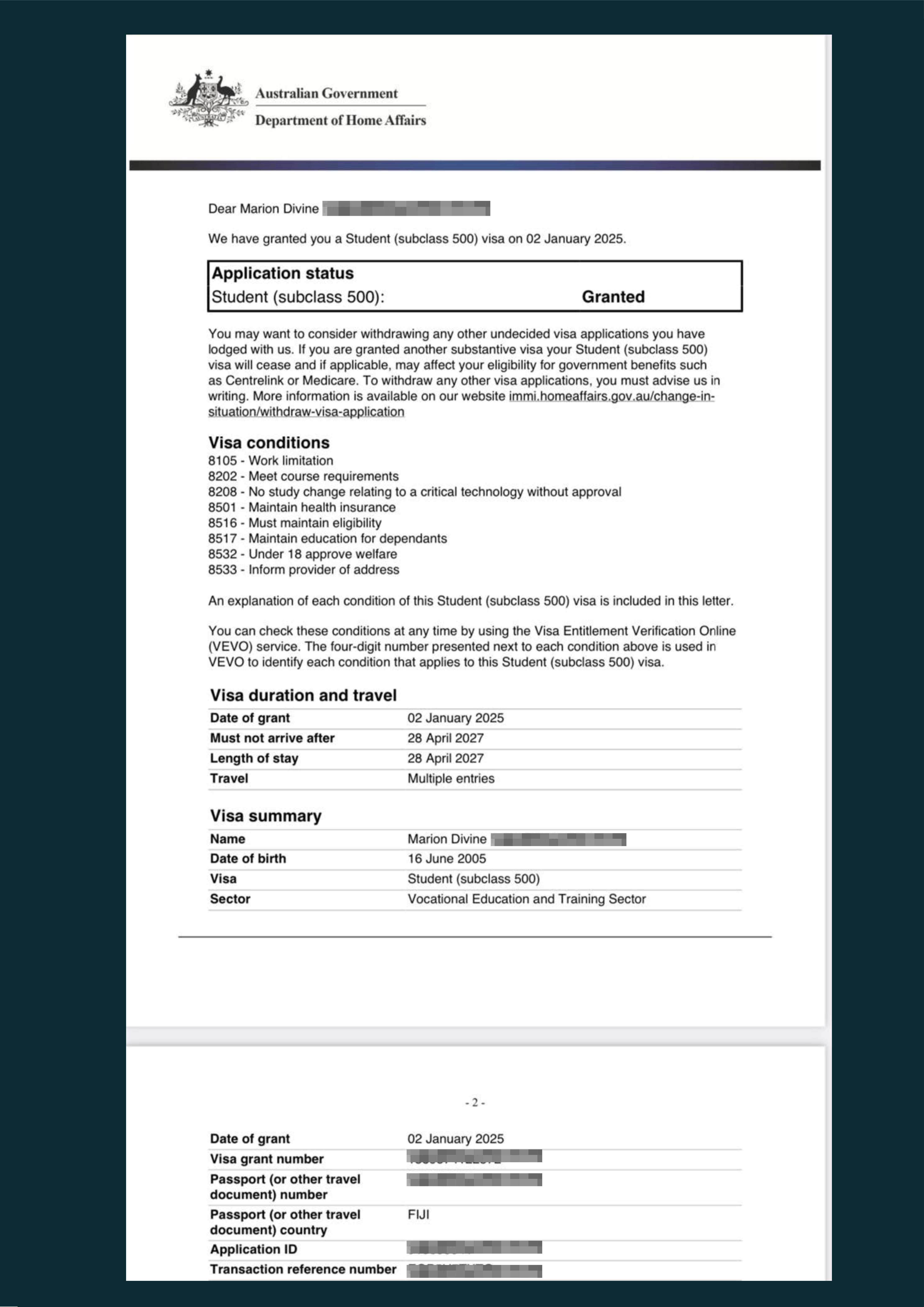 Marion's Visa Grant
